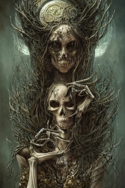 Image similar to very complex hyper-maximalist overdetailed cinematic darkfantasy portrait of a beautiful skeleton woman by andrei riabovitchev, tomasz alen kopera, oleksandra shchaslyva. Omnious intricate, octane, Deviantart, hyper detailed illustration, 8k