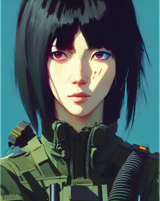 Image similar to girl wearing in tactical gear | | audrey plaza, fine detail!! anime!! realistic shaded lighting!! dramatic!! poster by ilya kuvshinov katsuhiro otomo ghost - in - the - shell, magali villeneuve, artgerm, jeremy lipkin and michael garmash and rob rey