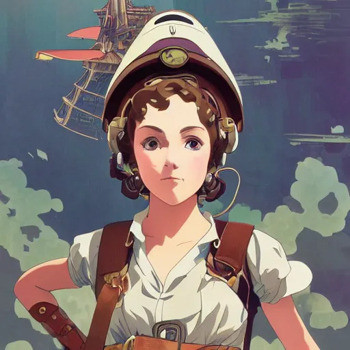 Image similar to Portrait of annasophia robb as an airship mechanic, steampunk, defined facial features, highly detailed, artstation, official artbook, official Kyoto Animation and Studio Ghibli anime screenshot, by Ilya Kuvshinov and Alphonse Mucha