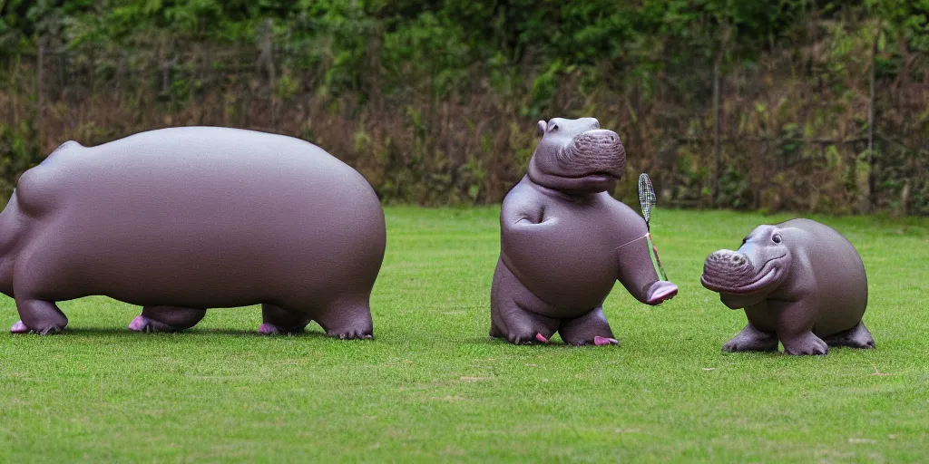 Image similar to plastic anthromorphic hippos playing badminton