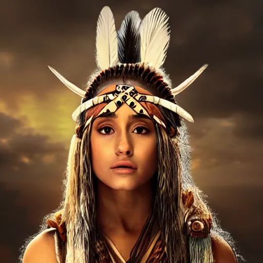 Image similar to ariana grande as a beautiful native american from 300 years ago with The Predator behind her, photography, moody lighting, artstation, realistic,