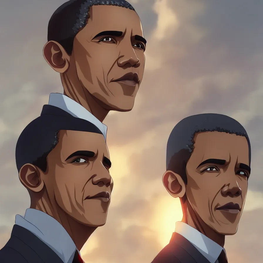 Prompt: barack obama as an anime protagonist, beautiful anime style, portrait, close - up, cinematic rim lighting, dramatic pose, beautiful sunset, professional, highly detailed, clear, sharp, smug expression, trending on artstation