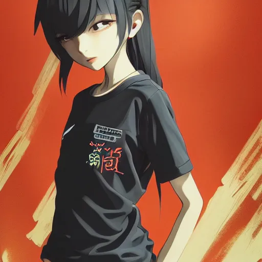 Image similar to shirt art, logo graphic design, frame around pciture, manga style, realistic lighting, futuristic solid colors, made by ilya kuvshinov, sold on sukebannyc, from arknights, girl, elegant, shoulder eyes, jpop clothing, sneaker shoes, simple background