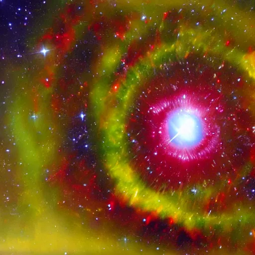 Prompt: Kinetic sculpture. NGC7293 Helix Nebula in intrared by VISTA telescope, Chile. Flickr, stencil by Joe Jusko rich, bold