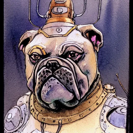 Image similar to a simple and atmospheric watercolour fantasy character concept art portrait of a mechanized android bulldog as a druidic warrior wizard looking at the camera with an intelligent gaze, very muted colors, by rebecca guay, michael kaluta, charles vess and jean moebius giraud