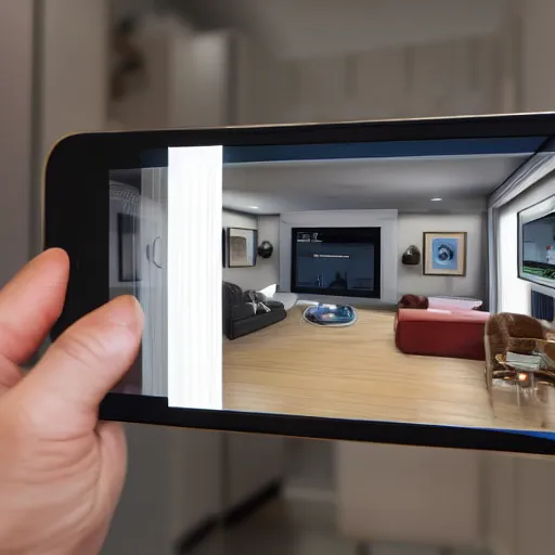 Prompt: inside of a smart home with human holding an iphone realistic detailed photo