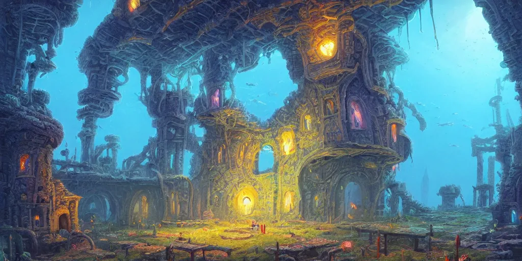 Image similar to A beautiful and ultradetailed concept art illustration of a ghostly Zucchini manor ruins at the bottom of the ocean by Rafal Olbiński, BioWare and Paul Lehr and Dan Mumford, Sparth and Raphael Lacoste, concept art wallpaper 4k, trending on artstation, concept art, cinematic , unreal engine , trending on behance
