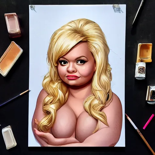 Image similar to clear portrait of trisha paytas, adorable appearance!!!, golden hour, happy apearance, cottagecore!!, background hyper detailed, character concept, full body, dynamic pose, intricate, elegant, highly detailed, digital painting, artstation, concept art, smooth, sharp focus, illustration, art by artgerm and greg rutkowski and alphonse mucha