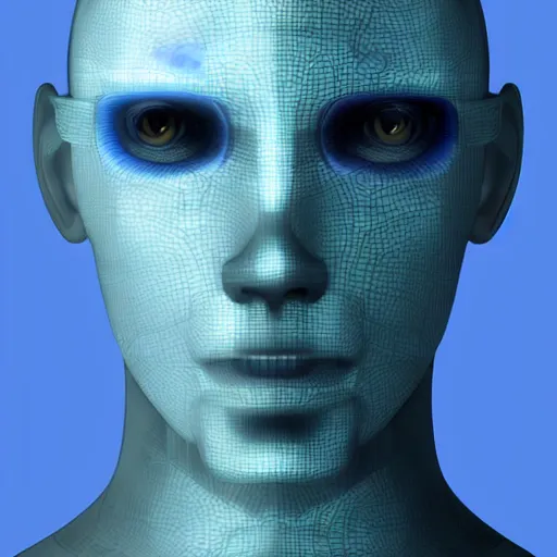 Image similar to An AI who has sublimated into a physical form that is humanoid and male. He has a long face, and his body is slender and graceful. He has a head, a torso, arms and legs but he doesn't look like a human being at all. His skin is blueish transparent and you can see the energy inside him, with a glowing blue liquid running from his core through his body as blood would in a human being.