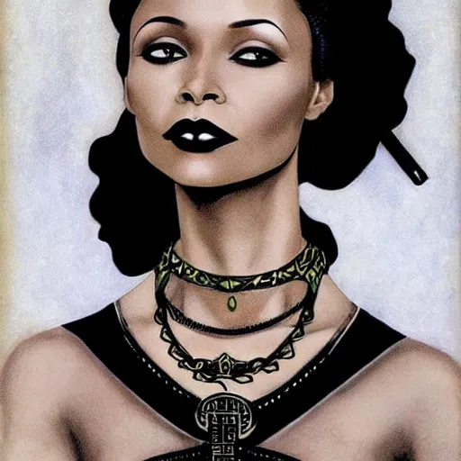 Image similar to thandiwe newton as the comic book character, death, a young and beautiful pale goth girl wearing a black vest and black punk hair, an ankh medallion hangs around her neck. dramatic makeup, the actress thandiwe newton, portrait by joshua middleton and coles phillips, kandinsky, egyptian iconography, film noir