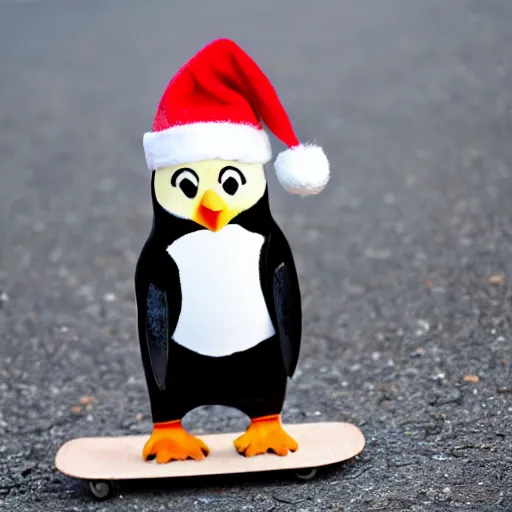 Image similar to penguin in santa hat on skateboard