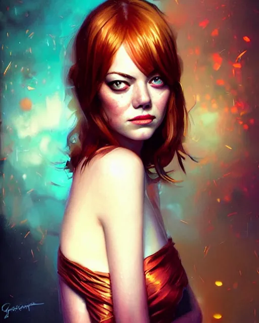 Prompt: emma stone lookalike portrait by greg rutkowski and charlie bowater, vivid, artgerm, aesthetic, fine details, colorful swirls, gaudy colors, luminescent, organic matte painting, realistic eyes, masterpiece, busy background, bokeh, depth of field