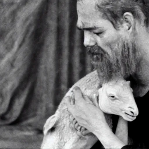 Image similar to cinematic still of man in ancient Canaanite clothing cradling a lamb, sad, anguished, somber, serious, directed by Terrence Malick