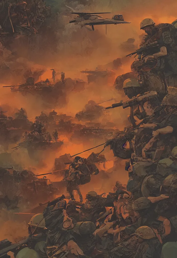 Image similar to handmade illustration of an epic Vietnam War scene, ballpoint, line art, heavy brushstrokes, oil on canvas by Kilian Eng and by Jake Parker, winning-award masterpiece, award-winning art, octane render, 8K HD Resolution, High quality image