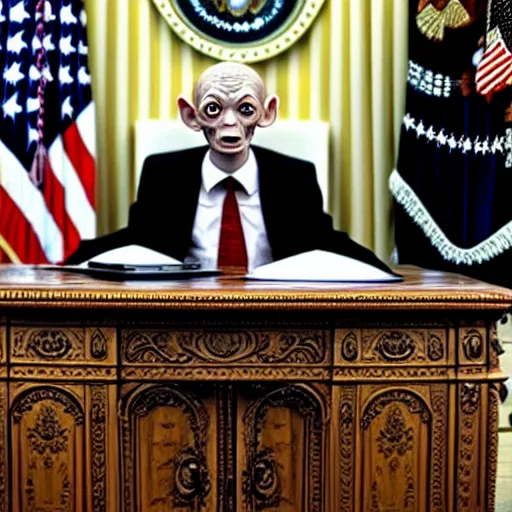 Image similar to president gollum giving a speech in the oval office