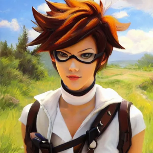 Image similar to oil painting of tracer overwatch in a field wearing large leather belt choker collar around neck, in style of mark arian, expressive face, detailed face, detailed eyes, full body, feminine face, tracer overwatch,