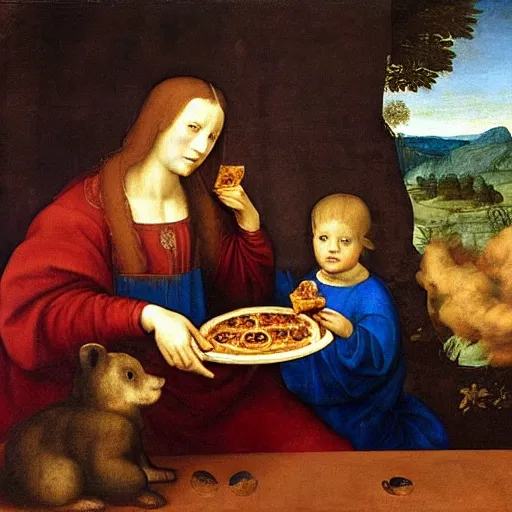 Image similar to a renaissance materpiece painting of a man and his son eating pizza and watching television, leonardo da vinci