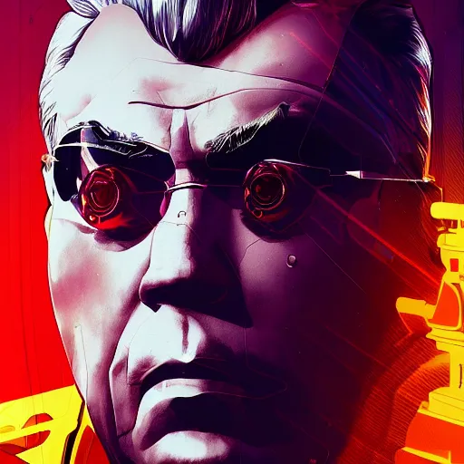 Image similar to cyberpunk leonid brezhnev as the leader of a futuristic communist nation, cybernetics, sharp lines, digital, artstation, colored in
