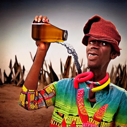 Prompt: bongo man drinking bongo beer on bongo style africa bongo people and love, realistic photo, surreal place