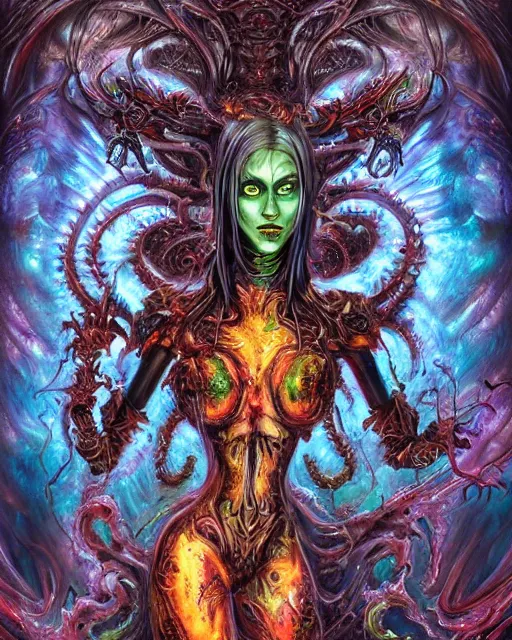 Image similar to silver mechanical charred bloody fleshmetal cyborg daemonhost woman psychedelic flamer of tzeentch with extra arms, blue and green rainbow fire, by antonio j. manzanedo, alex grey, android jones, philippe druillet, raymond swanland, cyril rolando, josephine wall, harumi hironaka, cronenburg, trending on artstation