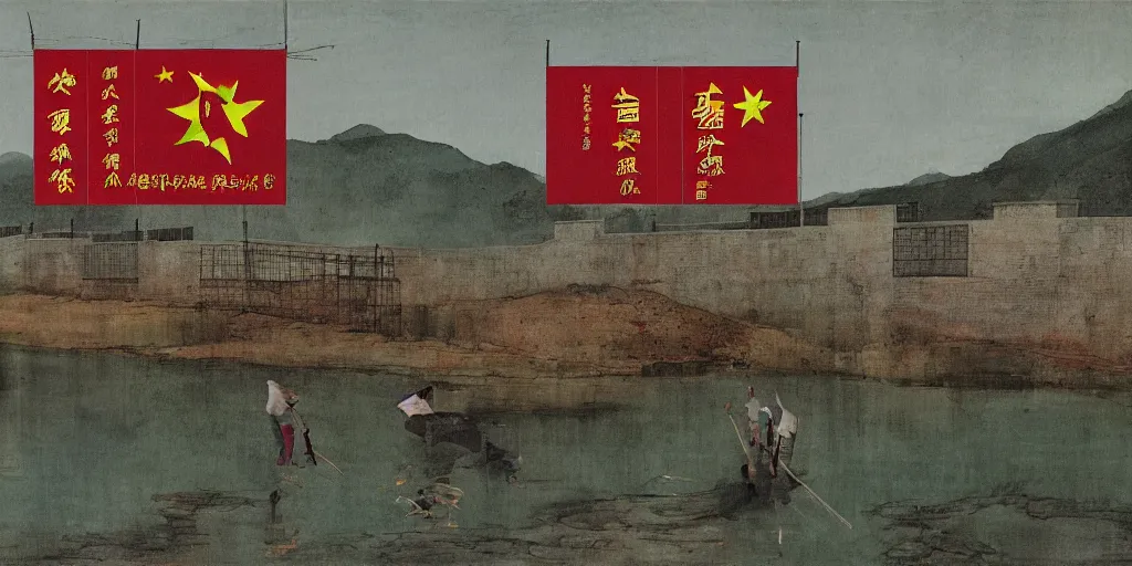 Prompt: a chinese prison near a river by peter doig, overlaid with chinese adverts