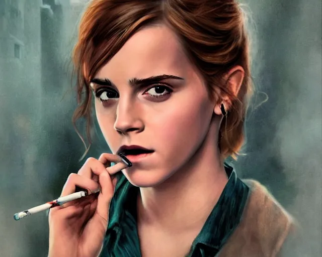 Image similar to emma watson as sherlock biting a cigarette pipe, airbrush art, drew struzan illustration art, key art, movie poster