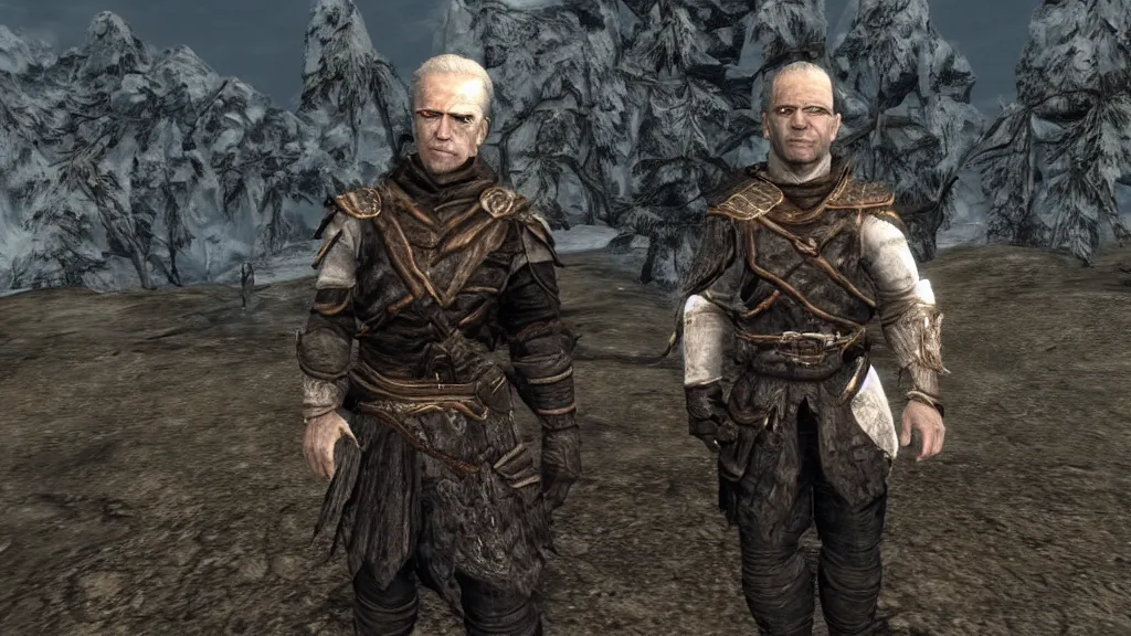 Prompt: screenshot of Joe Biden as a Skyrim NPC