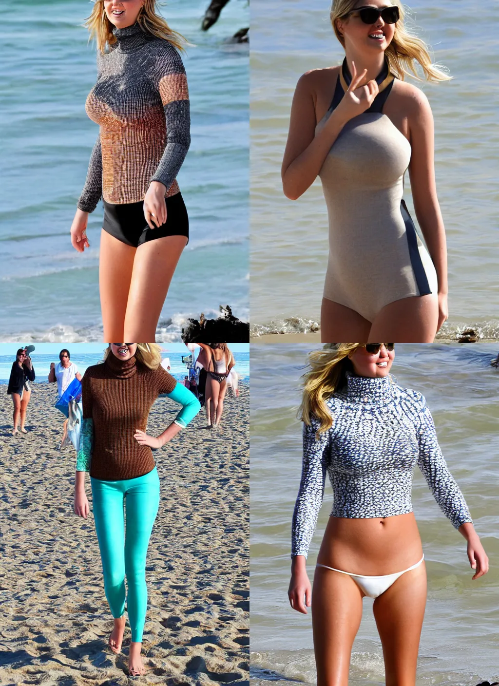 Prompt: mosaic of kate upton wearing a turtleneck at the beach