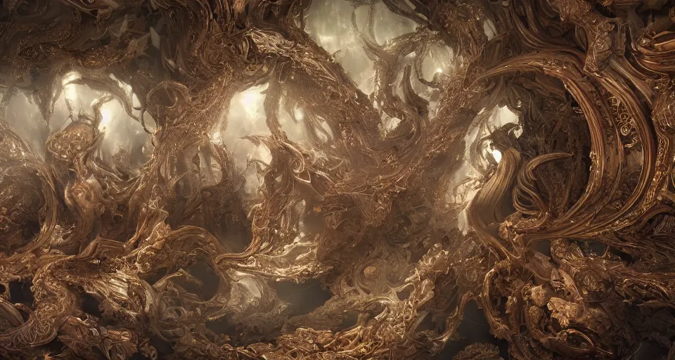 Image similar to vanishment of the gods, cinematic, end of an era, chaos, digital art. ornate, intericate, fractal patterns, ethereal, cinematic, artstation, hyper detailed, weta digital, ray trace, 3 d sculpture, beautifully lit, glow, soft light, photorealistic, ghost, symmetric, masterpiece, realistic, highly detailed
