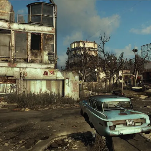 Image similar to Cannes, France in ruins post-nuclear war in Fallout 4, in game screenshot