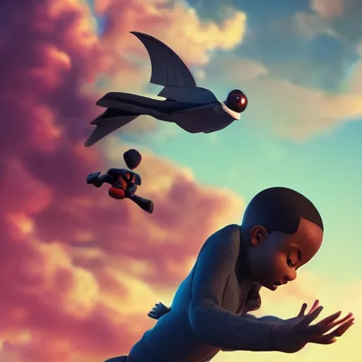 Prompt: stunning, coherent, impressive, detailed still of super black a family flying in clouds, follow shot, 3d, in the style of pixar, comic book style, 3d, highly detailed, sharp focus, bokeh, depth of field, 16k resolution, Unreal Engine 5, coherent, cinematic lighting, photorealistic, by Zhang Jingna