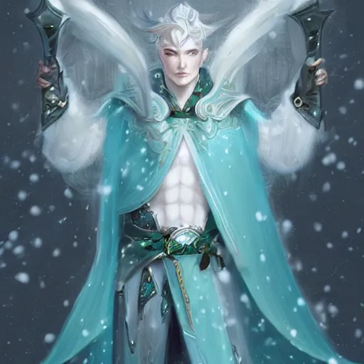 Image similar to handsome male snow elf in a turquoise cape and silver ornate armour as an archer, albino skin, pale pointed ears, ethereal opalescent mist, winter vibes, perfect face, elegant, very coherent symmetrical artwork, by wenjun lin, krenz cushart, charlie bowater, trending on artstation