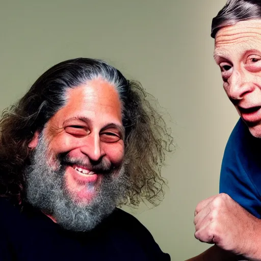 Prompt: photo of richard stallman punching bill gates, photography, realistic, realism