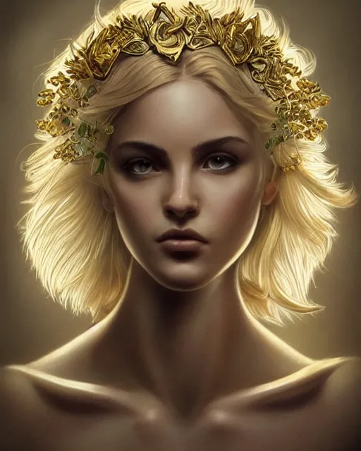 Image similar to front view of beautiful aphrodite greek goddess wearing a gold laurel wreath and triangle earrings, realism tattoo sketch, beautiful piercing eyes with sharp pupils, beautiful blonde hair, in the style of greg rutkowski, fantasy, amazing detail, epic, elegant, smooth, sharp focus