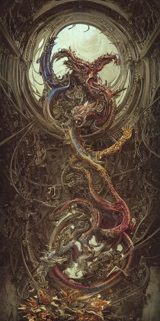 Image similar to enormous colorful Ouroboros floating around inside an ancient mage castle hall colossal scale, gothic and baroque, brutalist architecture, ultradetailed, intricate details by Ellen Jewett and Ayami Kojima