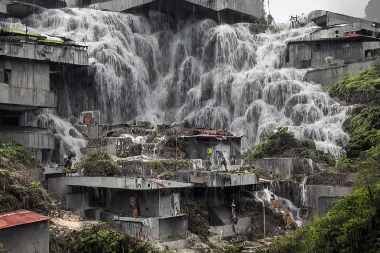 Image similar to favela bunker insect hive, brutalist waterfall environment, industrial factory, spooky, award winning art, epic dreamlike fantasy landscape, ultra realistic,