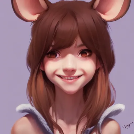 Prompt: character design portrait of an anthropomorphic furry rat girl with rat ears, long brown hair, smiling, looking at camera, 4 k, concept art, by wlop, ilya kuvshinov, artgerm, krenz cushart, pixiv.