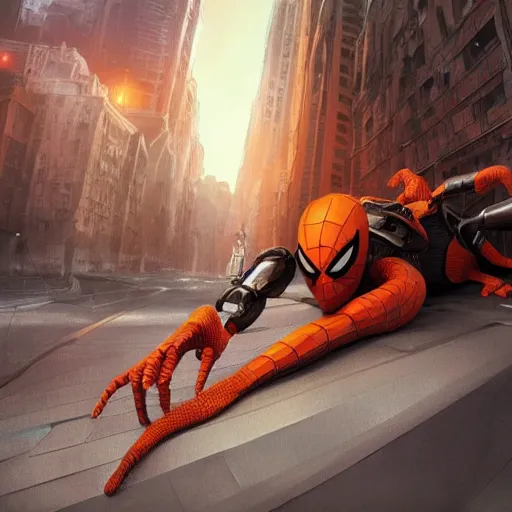 Image similar to concept render of an orange robot spiderman by cedric peyravernay and leon tukker