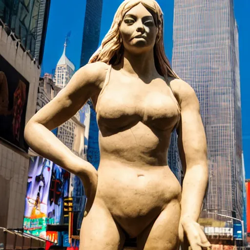 Image similar to extreme long - shot photograph of a renaissance clay sculpture of margot robbie in a swimsuit in front of times square, made by michelangelo, very detailed, sharp focus, 8 k resolution, ray tracing