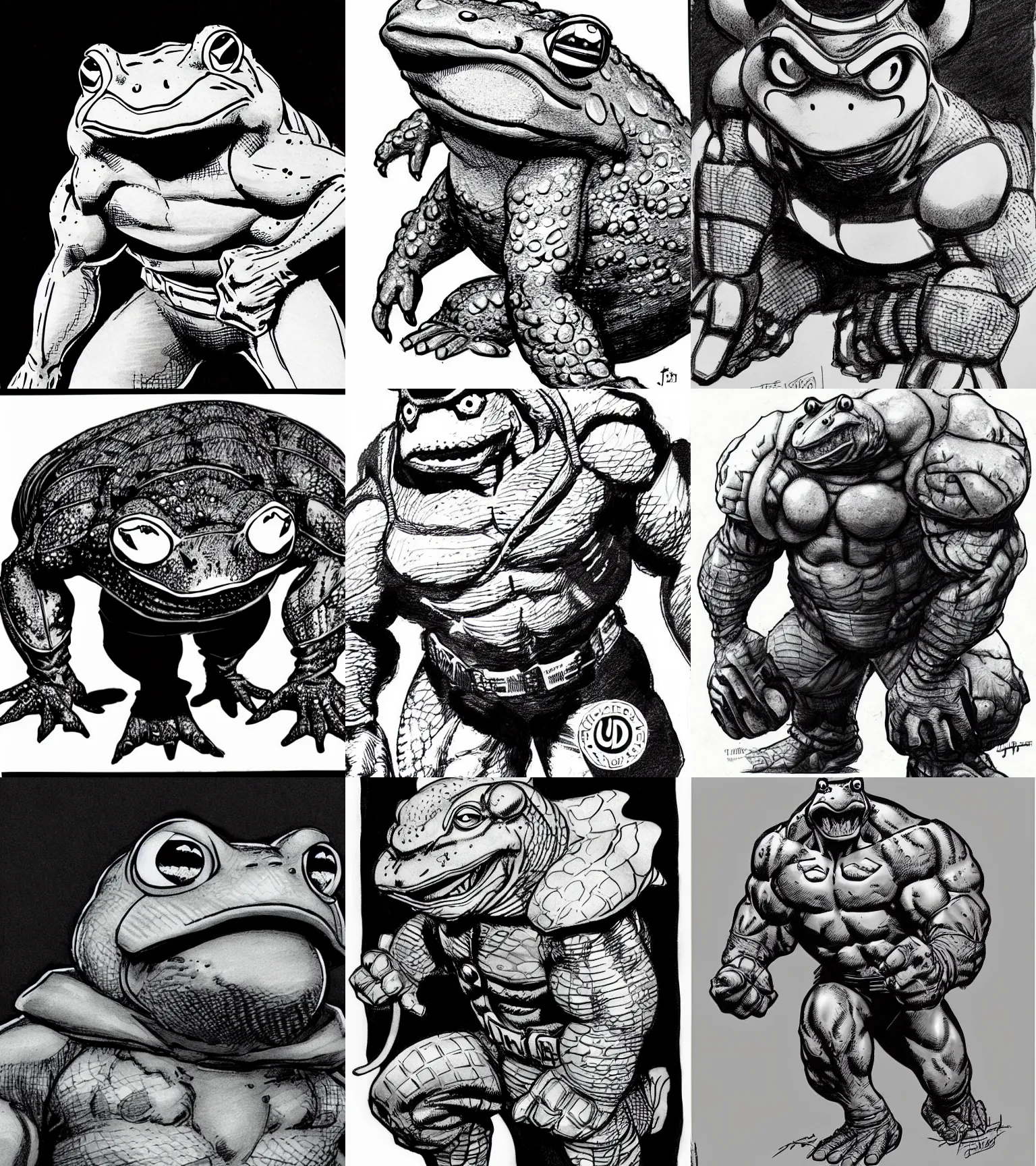 Prompt: toad animal!!! jim lee!!! close up shot!! flat grayscale ink sketch by jim lee close up in the style of jim lee, armored superhero hunter hulk toad animal looks at the camera by jim lee