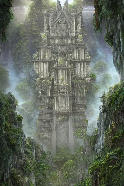 Image similar to ancient fractal temple megastructure in the hanging gardens of a radiant cathedral, overgrown garden, many white flowers, scanned earth terrain bridges, erosion algorithm landscape, by albert bierdstat, by glenn small, high fantasy, high resolution, photorealism, populated by luminous beings, volumes of fog, aerial perspective