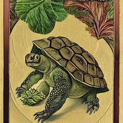 Prompt: Tortoise eating lettuce, art noveau, very detailed