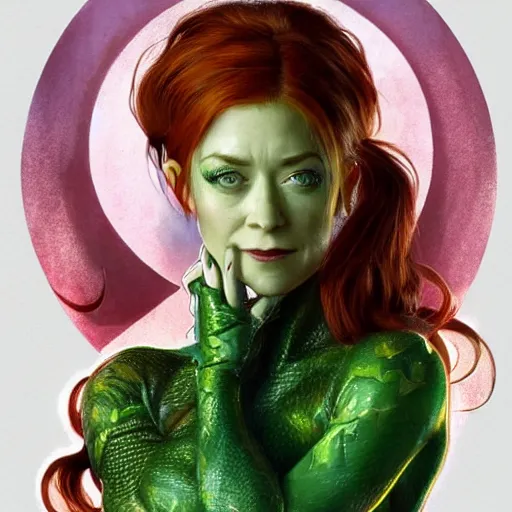 Image similar to a stunningly detailed illuminated manuscript of a beautiful alyson hannigan dressed as poison ivy with white skin and with hair pulled up in a ponytail, dark eyeliner, intricate, elegant, highly detailed, digital painting, artstation, concept art, sharp focus, illustration, art by greg rutkowski and alphonse mucha