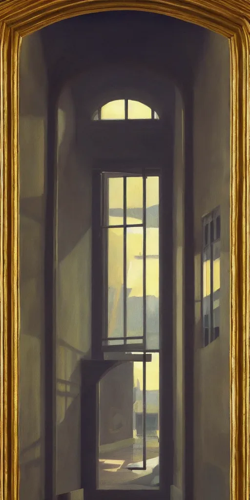 Image similar to entrance to ethereal realm, cinematic and highly detailed oil painting by josep tapiro baro and edward hopper, trending on artstation, oil painting masterpiece, symmetry, mysterious, very very very aesthetic