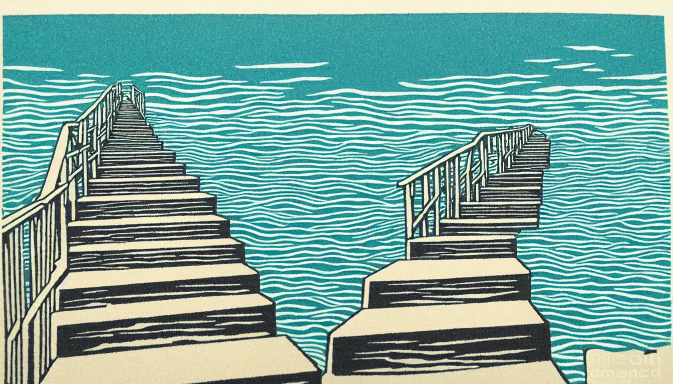 Image similar to stairs down to the ocean by woodblock print