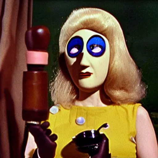 Image similar to 1970 woman on tv show with a long prosthetic nose, prosthetic eyeballs, wearing a dress on the hillside 1970 color archival footage color film 16mm holding a hand puppet Fellini Almodovar John Waters Russ Meyer Doris Wishman