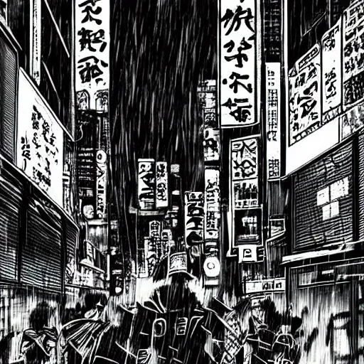 Image similar to a cyberpunk art tokyo night street, rain and fog by chris myers and junji ito