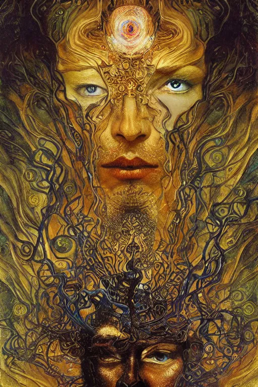 Prompt: Divine Chaos Engine by Karol Bak, Jean Deville, Gustav Klimt, and Vincent Van Gogh, beautiful visionary mystical portrait, sacred, otherworldly, fractal structures, Surreality, ornate gilded medieval icon, third eye, spirals