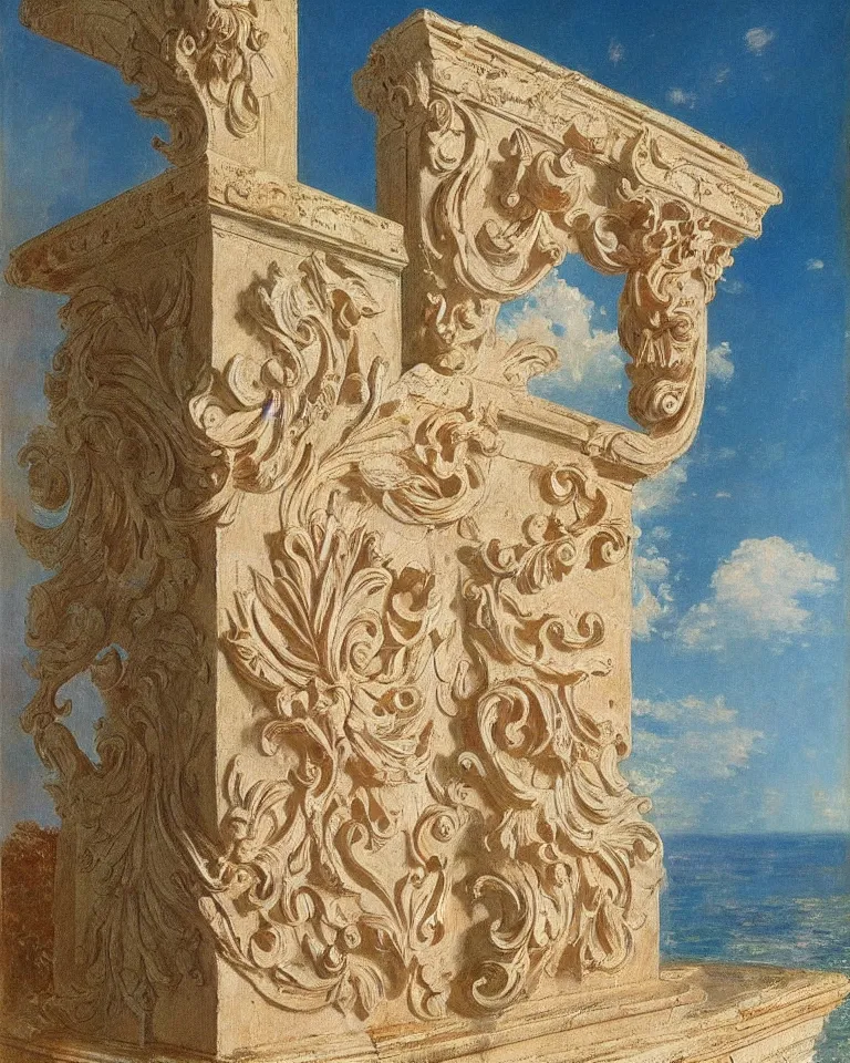 Prompt: achingly beautiful painting of intricate ancient roman doric capital on coral background by rene magritte, monet, and turner. giovanni battista piranesi.