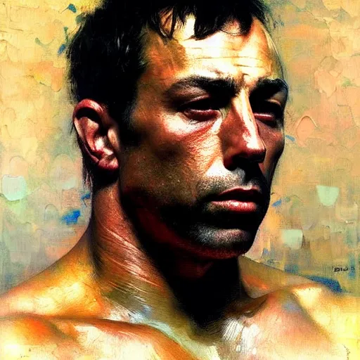 Image similar to portrait of joe rogan, detailed face, detailed painting, epic lighting, by ilya repin, phil hale and kent williams